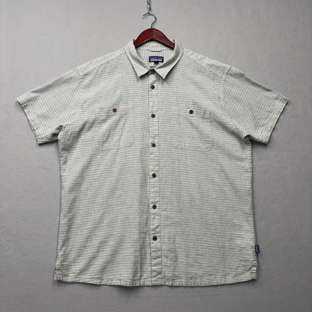 Patagonia Shirt Mens XXL Gray Grid Hemp Cotton Short Sleeve Button Up 53139